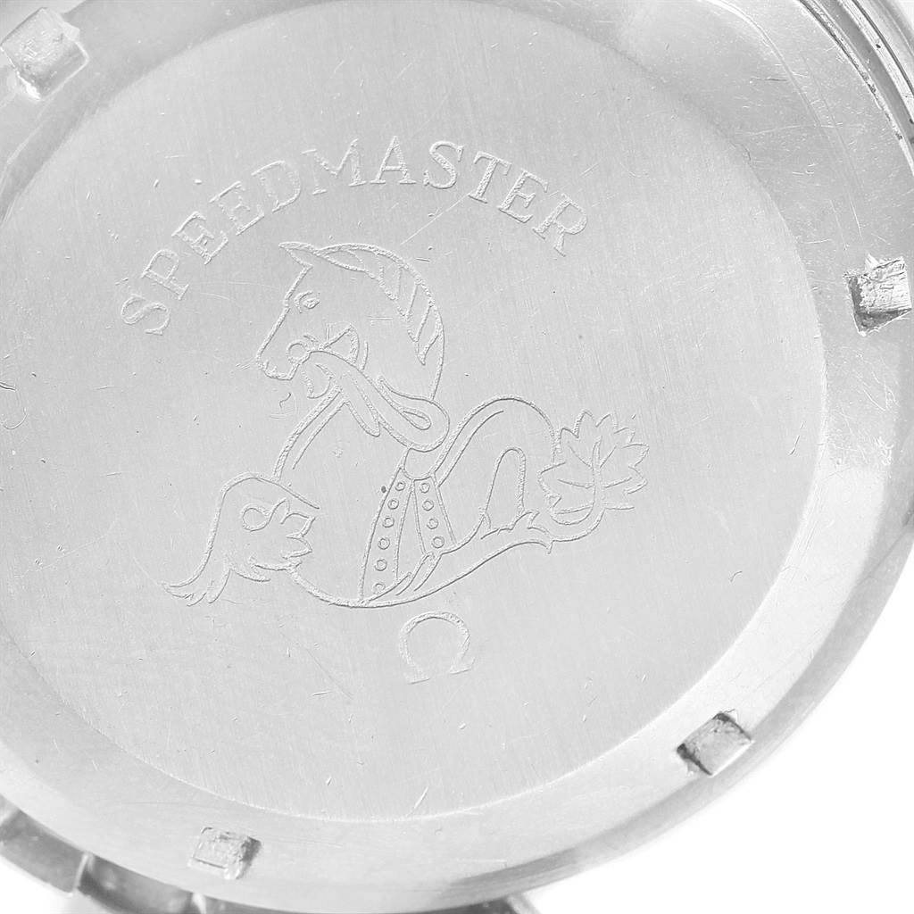 This image shows the engraved case back of an Omega Speedmaster 105.012-64 Men's Stainless Steel Black Dial 105.012-64 Men's Stainless Steel Black Dial watch.