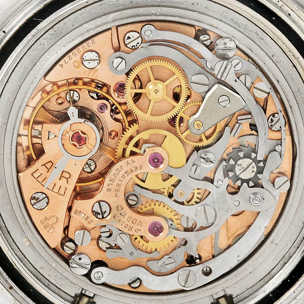 This image shows the intricate internal mechanism of an Omega Speedmaster 105.012-64 Men's Stainless Steel Black Dial 105.012-64 Men's Stainless Steel Black Dial watch from a top-down angle.