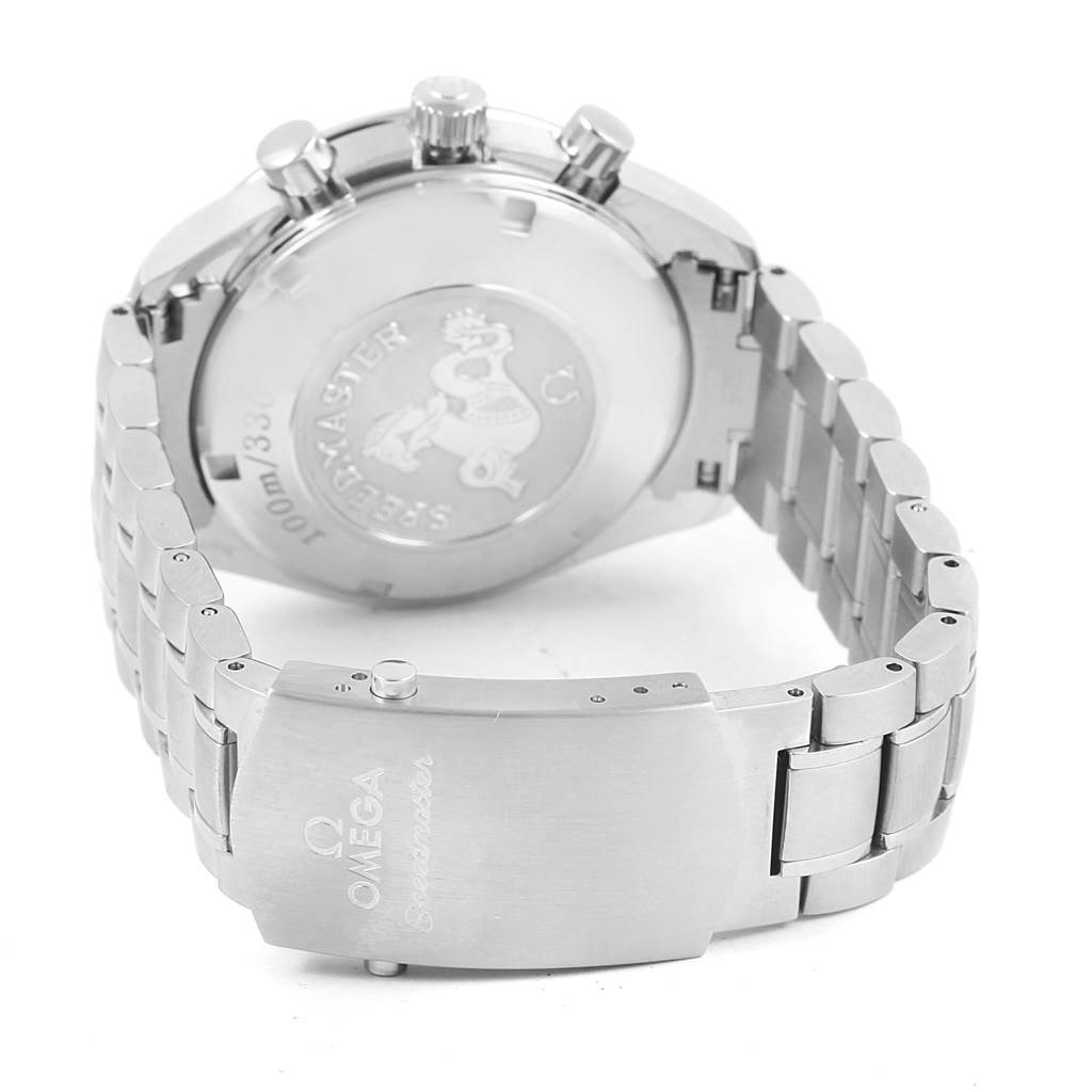 This image shows the back case and bracelet clasp of the Omega Speedmaster 3220.50.00 Men
s Stainless Steel Black Dial 3220.50.00 Men
s Stainless Steel Black Dial watch from a rear angle.