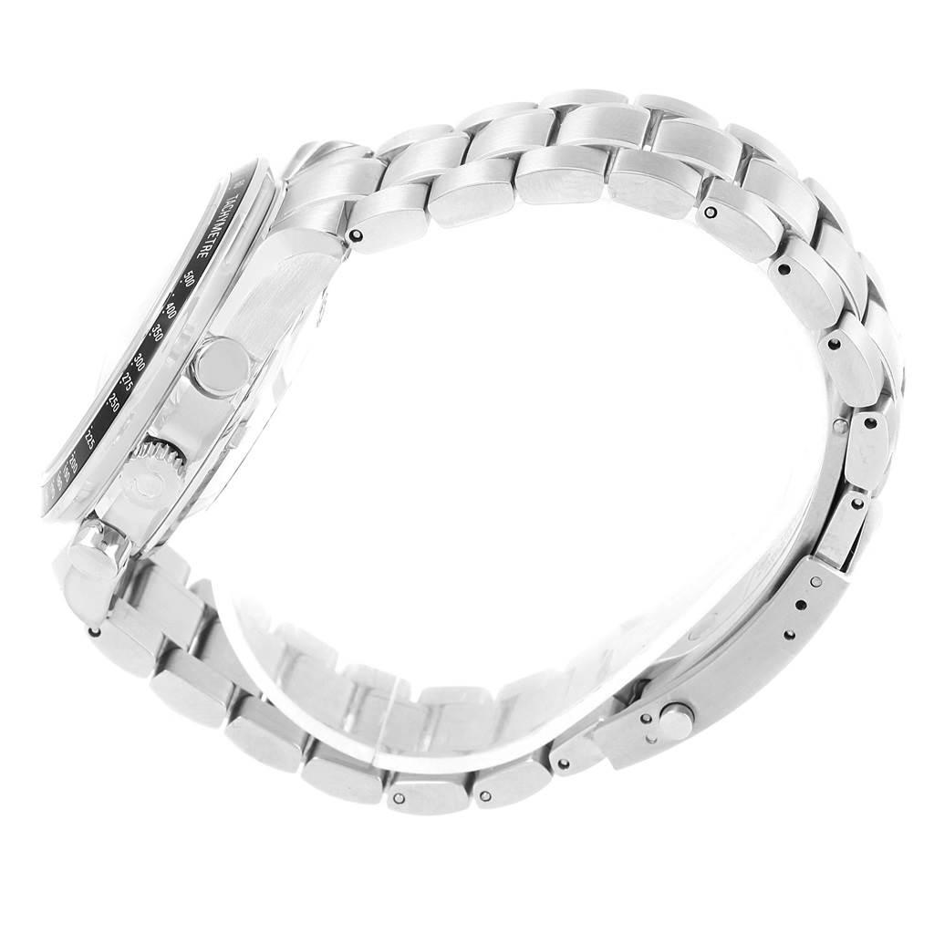 This image shows a side profile of an Omega Speedmaster 3220.50.00 Men
s Stainless Steel Black Dial 3220.50.00 Men
s Stainless Steel Black Dial watch, highlighting the stainless steel bracelet, case, and pushers.