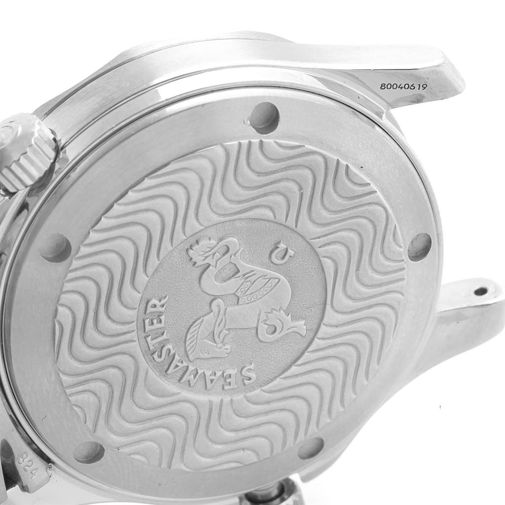 The image shows the case back of an Omega Speedmaster 2551.80.00 Men
s Stainless Steel Blue Dial 2551.80.00 Men
s Stainless Steel Blue Dial watch with the crown and lugs visible.