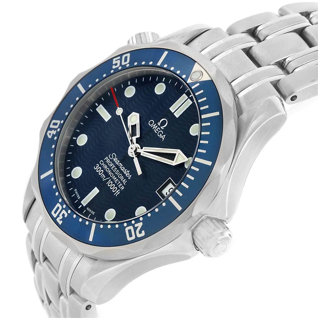 The Omega Speedmaster 2551.80.00 Men
s Stainless Steel Blue Dial 2551.80.00 Men
s Stainless Steel Blue Dial watch is shown at an angle highlighting its face, blue bezel, crown, and stainless steel bracelet.