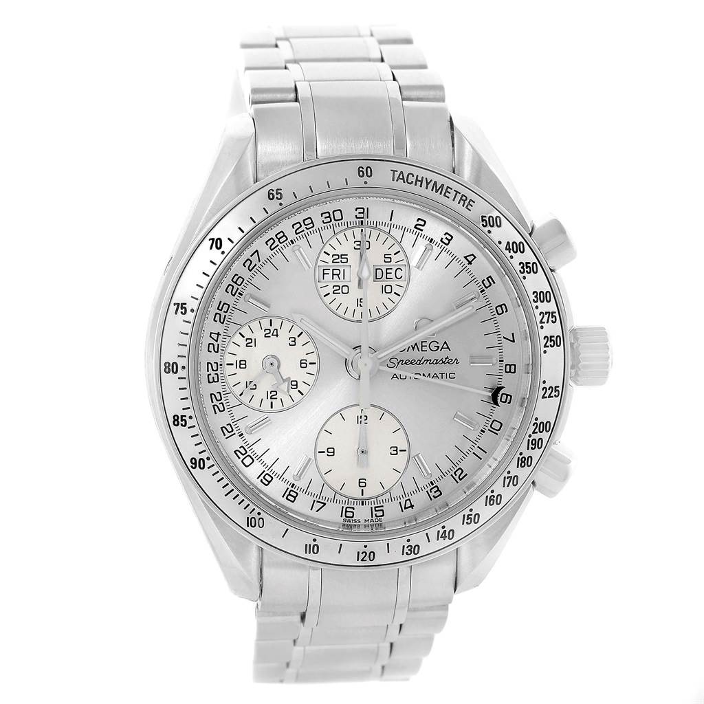 The Omega Speedmaster 3523.30.00 Men
s Stainless Steel Silver Dial 3523.30.00 Men
s Stainless Steel Silver Dial watch is shown from a frontal angle, displaying its chronograph dials and tachymeter bezel.