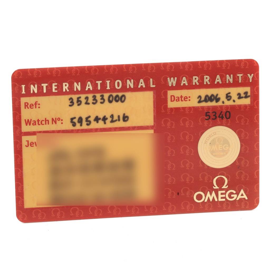 The image shows the international warranty card for the Omega Speedmaster 3523.30.00 Men
s Stainless Steel Silver Dial 3523.30.00 Men
s Stainless Steel Silver Dial model, displaying reference and watch numbers, date, and branding.