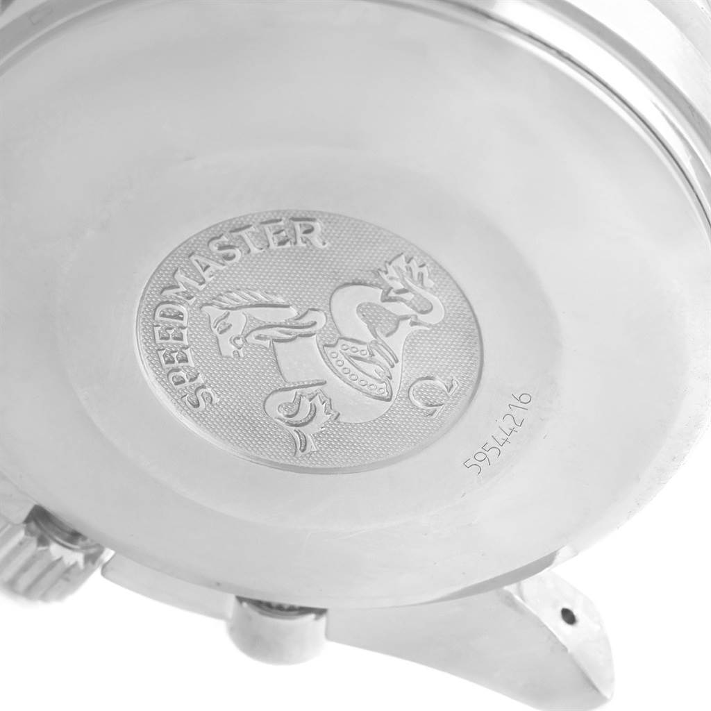 This image shows the back case of the Omega Speedmaster 3523.30.00 Men
s Stainless Steel Silver Dial 3523.30.00 Men
s Stainless Steel Silver Dial watch, highlighting the emblem and serial number.