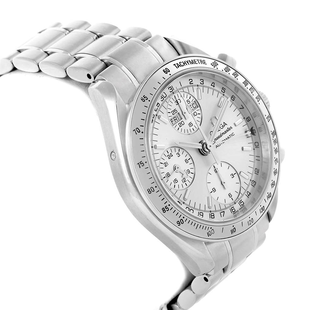 The image shows a side angle of an Omega Speedmaster 3523.30.00 Men
s Stainless Steel Silver Dial 3523.30.00 Men
s Stainless Steel Silver Dial watch, highlighting the face, bezel, and bracelet.