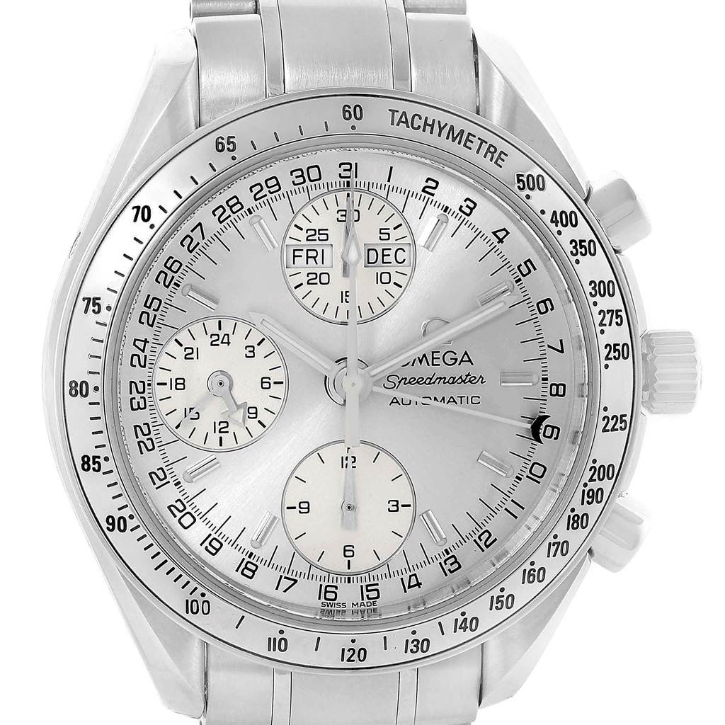 The Omega Speedmaster 3523.30.00 Men
s Stainless Steel Silver Dial 3523.30.00 Men
s Stainless Steel Silver Dial watch is shown from a top-down angle, displaying its dial, chronograph subdials, tachymeter bezel, and stainless steel bracelet.