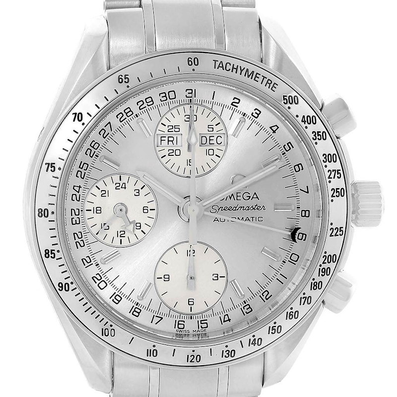 Omega Speedmaster Day Date Chrono Silver Dial Watch 3523.30.00 Card SwissWatchExpo