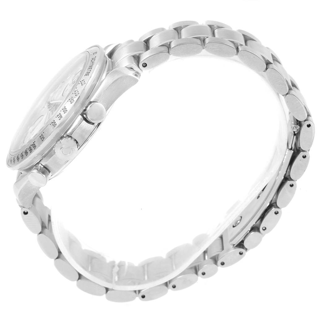 The image shows a side view of the Omega Speedmaster 3523.30.00 Men
s Stainless Steel Silver Dial 3523.30.00 Men
s Stainless Steel Silver Dial watch, highlighting the crown, pushers, and part of the metal bracelet.