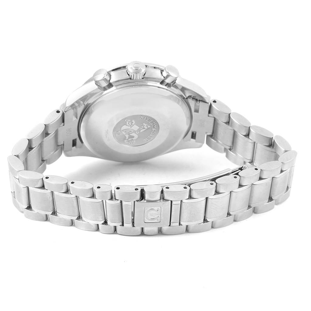 The image shows the back case and stainless steel bracelet of an Omega Speedmaster 3523.30.00 Men
s Stainless Steel Silver Dial 3523.30.00 Men
s Stainless Steel Silver Dial watch from a rear angle.