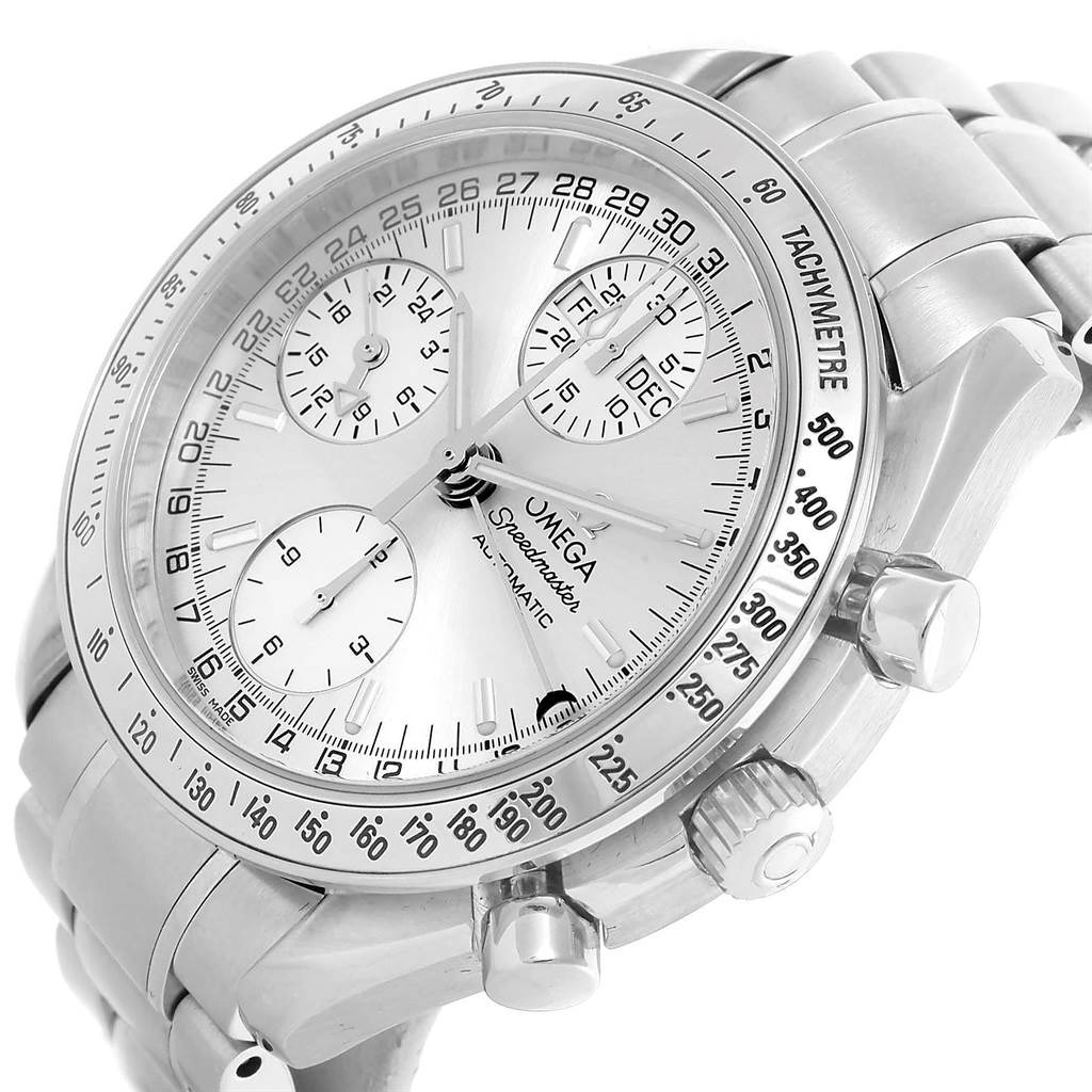 The image shows an Omega Speedmaster 3523.30.00 Men
s Stainless Steel Silver Dial 3523.30.00 Men
s Stainless Steel Silver Dial watch at an angle highlighting the dial, subdials, bezel, and part of the bracelet.