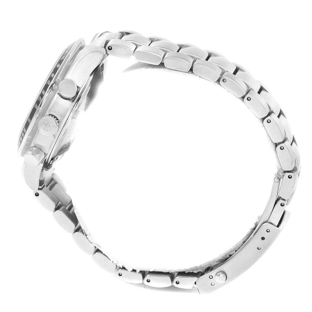 The image shows a side view of the Omega Speedmaster 3210.50.00 Men
s Stainless Steel Black Dial 3210.50.00 Men
s Stainless Steel Black Dial, featuring its case, bracelet, crown, and chronograph pushers.