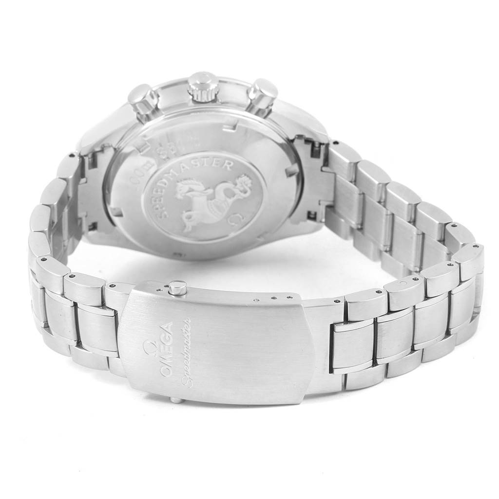 This image shows the back and clasp of an Omega Speedmaster 3210.50.00 Men
s Stainless Steel Black Dial 3210.50.00 Men
s Stainless Steel Black Dial watch, highlighting its bracelet and engraved caseback.