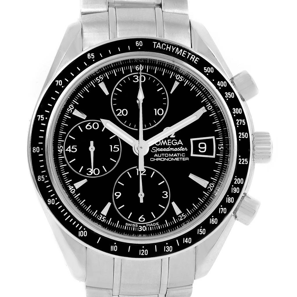 This is a frontal view of an Omega Speedmaster 3210.50.00 Men
s Stainless Steel Black Dial 3210.50.00 Men
s Stainless Steel Black Dial showing its dial, tachymeter, and chronograph buttons.
