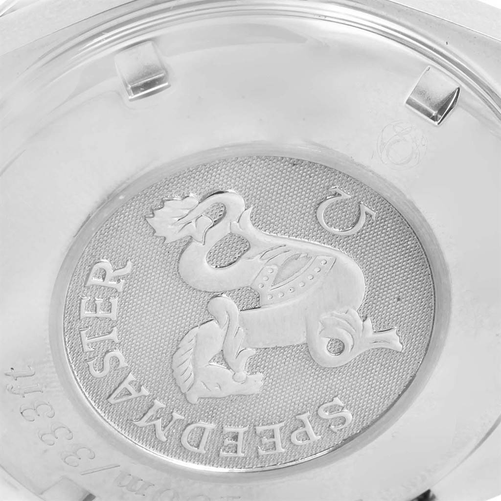 The image shows the caseback of an Omega Speedmaster 3210.50.00 Men
s Stainless Steel Black Dial 3210.50.00 Men
s Stainless Steel Black Dial watch, highlighting its medallion with "Speedmaster" engraving.