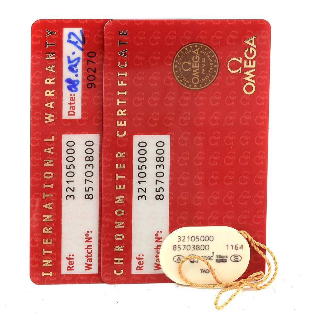 The image shows the International Warranty card, Chronometer Certificate, and tag for the Omega Speedmaster 3210.50.00 Men
s Stainless Steel Black Dial 3210.50.00 Men
s Stainless Steel Black Dial watch.