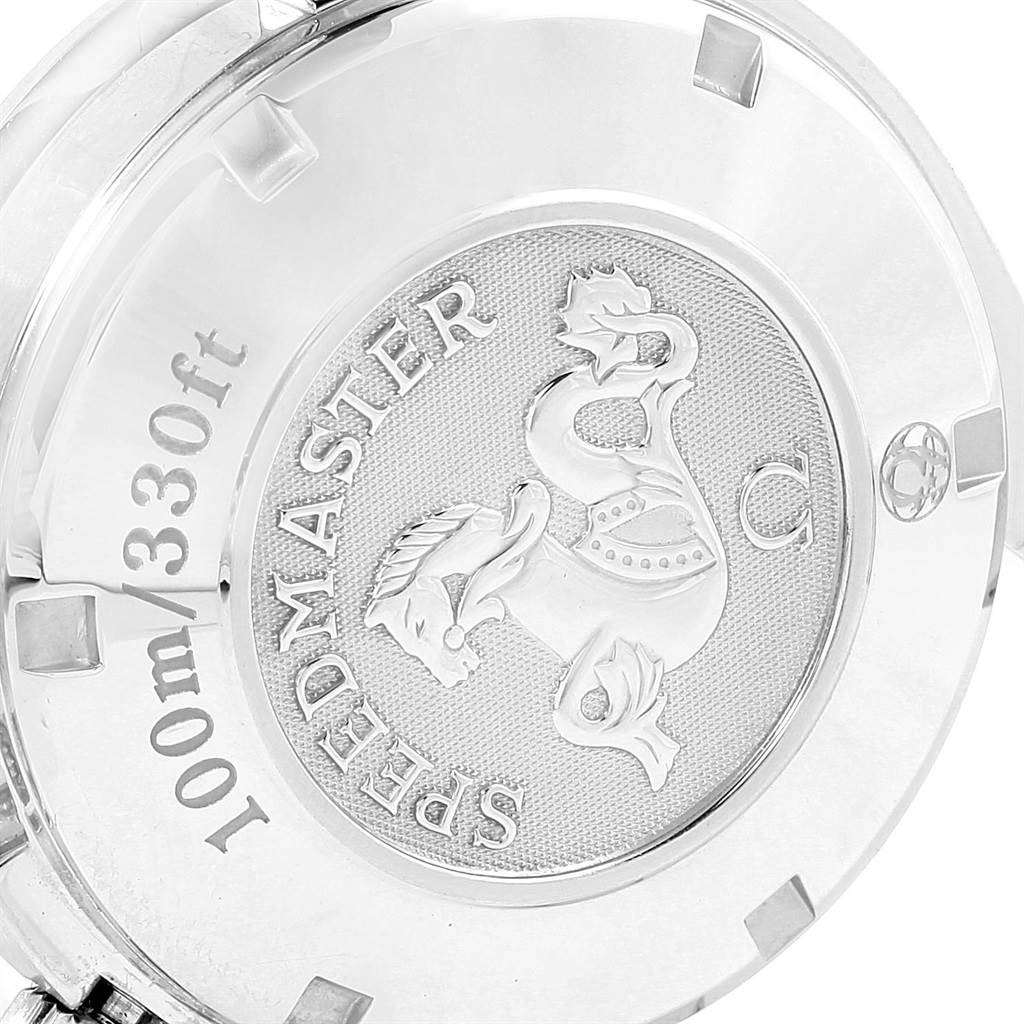 This image shows the back case of an Omega Speedmaster 3210.50.00 Men
s Stainless Steel Black Dial 3210.50.00 Men
s Stainless Steel Black Dial watch, featuring the logo and water resistance details.