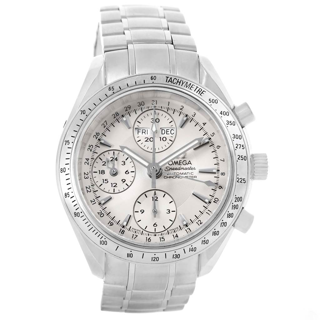 The Omega Speedmaster 3221.30.00 Men's Stainless Steel Silver Dial 3221.30.00 Men's Stainless Steel Silver Dial watch is shown from a front angle, highlighting its dial, bezel, sub-dials, crown, and bracelet.