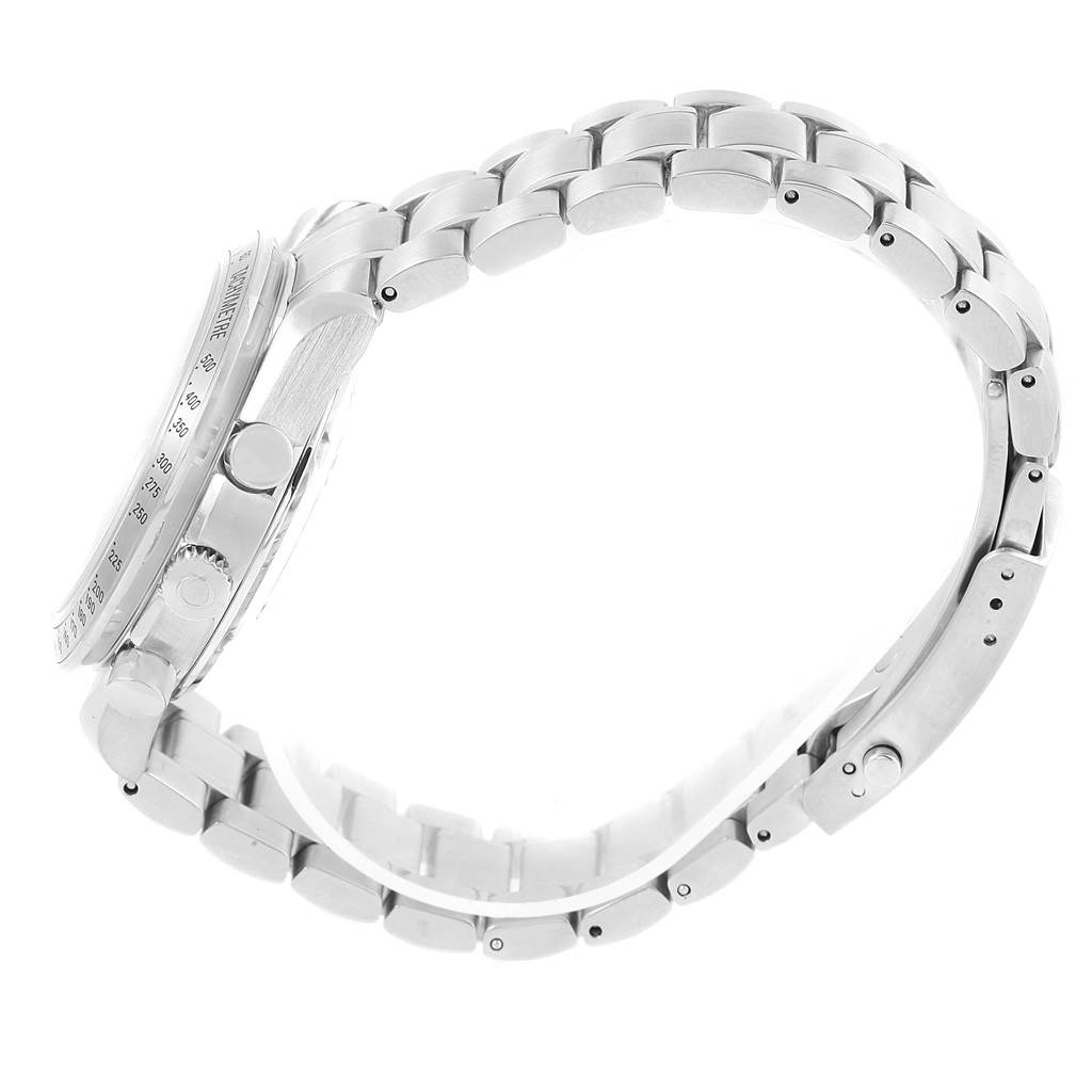 The image shows a side view of the Omega Speedmaster 3221.30.00 Men's Stainless Steel Silver Dial 3221.30.00 Men's Stainless Steel Silver Dial watch focusing on its case, bezel, and metal bracelet.