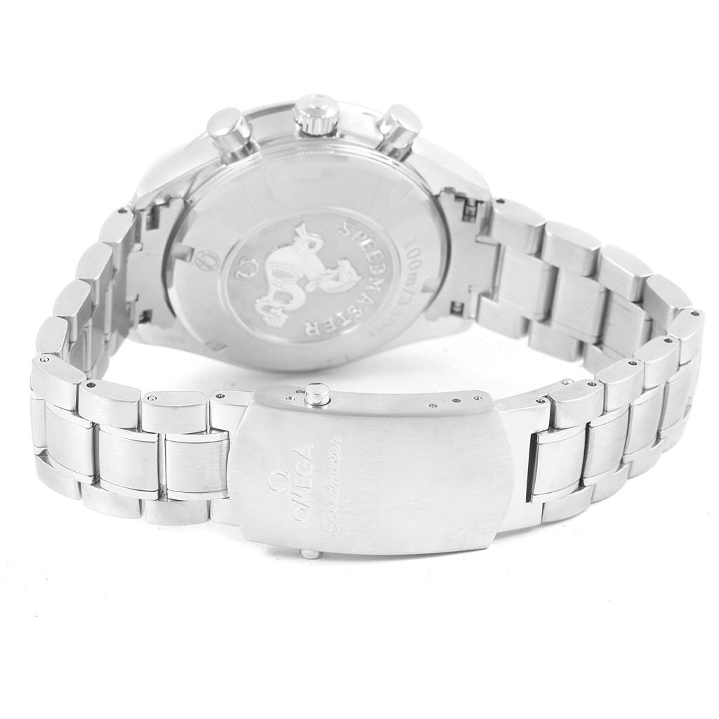 The image shows the back view of an Omega Speedmaster 3221.30.00 Men's Stainless Steel Silver Dial 3221.30.00 Men's Stainless Steel Silver Dial watch, displaying its case back, bracelet, and clasp.