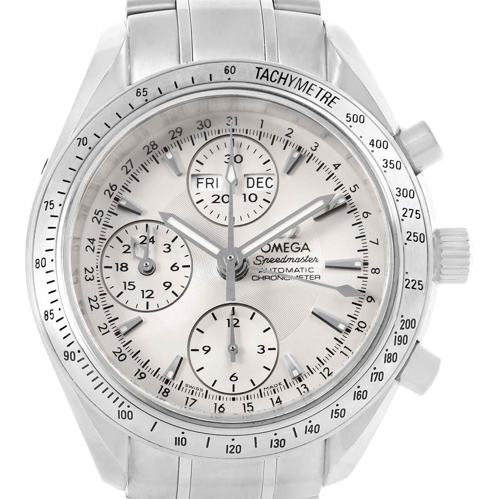 The image shows the Omega Speedmaster 3221.30.00 Men's Stainless Steel Silver Dial 3221.30.00 Men's Stainless Steel Silver Dial watch from a front angle, highlighting the face and detailing on the dial.