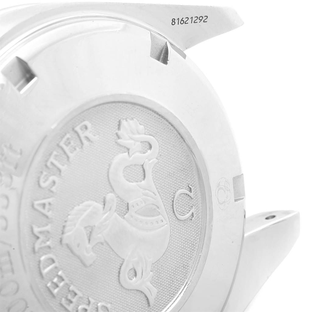 The image shows the back case and lugs of the Omega Speedmaster 3222.80.00 Men
s Stainless Steel Blue Dial 3222.80.00 Men
s Stainless Steel Blue Dial watch, highlighting its engraved design and serial number.