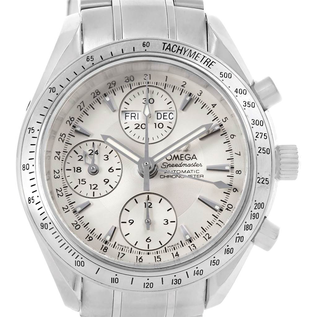 The image shows a front view of an Omega Speedmaster 3221.30.00 Men
s Stainless Steel Silver Dial 3221.30.00 Men
s Stainless Steel Silver Dial watch, displaying its dial, chronograph subdials, and tachymeter bezel.