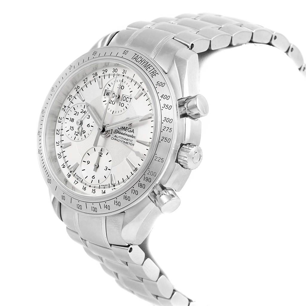The Omega Speedmaster 3221.30.00 Men
s Stainless Steel Silver Dial 3221.30.00 Men
s Stainless Steel Silver Dial watch is shown from a front-right angle, highlighting the face, bezel, and side pushers.