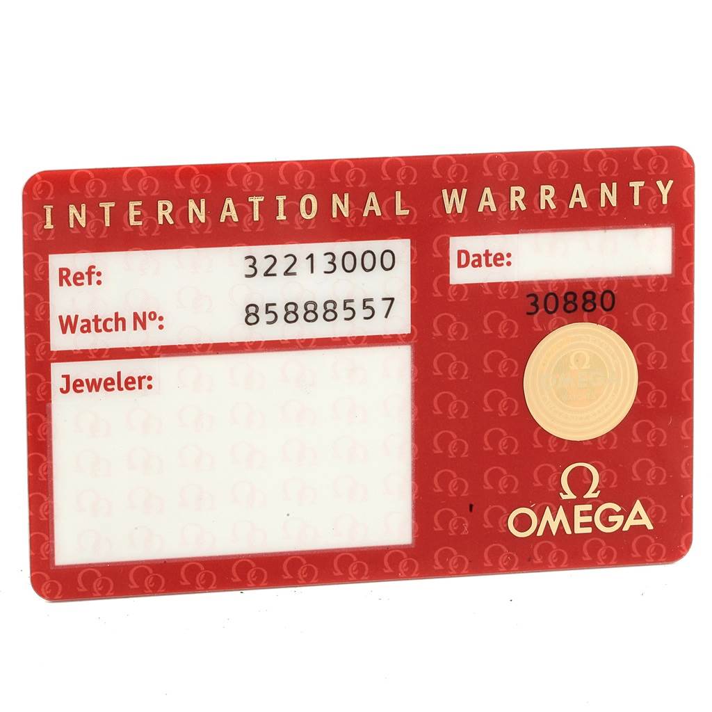 This image shows the international warranty card for an Omega Speedmaster 3221.30.00 Men
s Stainless Steel Silver Dial 3221.30.00 Men
s Stainless Steel Silver Dial watch.