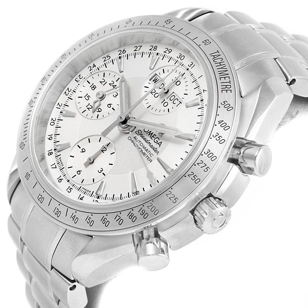 This image shows an Omega Speedmaster 3221.30.00 Men
s Stainless Steel Silver Dial 3221.30.00 Men
s Stainless Steel Silver Dial watch from a close-up angle, highlighting the face, tachymeter bezel, and chronograph pushers.