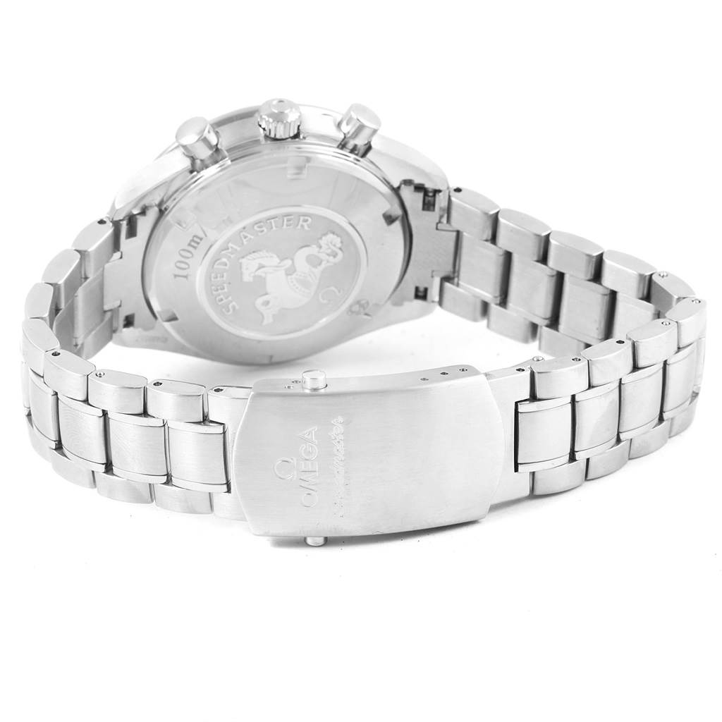 The image shows the backside and bracelet of an Omega Speedmaster 3221.30.00 Men
s Stainless Steel Silver Dial 3221.30.00 Men
s Stainless Steel Silver Dial watch, highlighting the clasp and case back engravings.