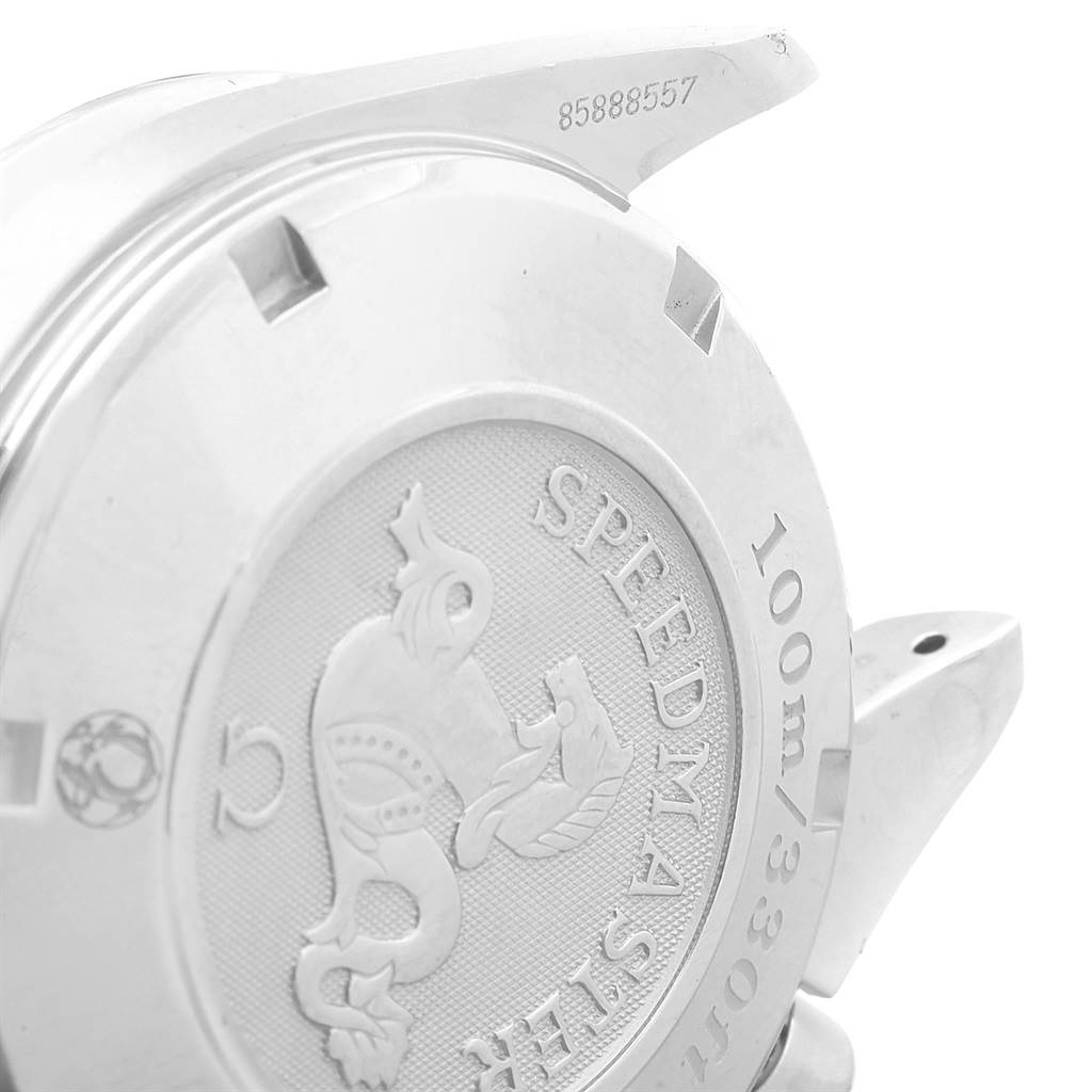 The image shows the case back of an Omega Speedmaster 3221.30.00 Men
s Stainless Steel Silver Dial 3221.30.00 Men
s Stainless Steel Silver Dial watch, including the logo, branding, and "100m/330ft" water resistance details.