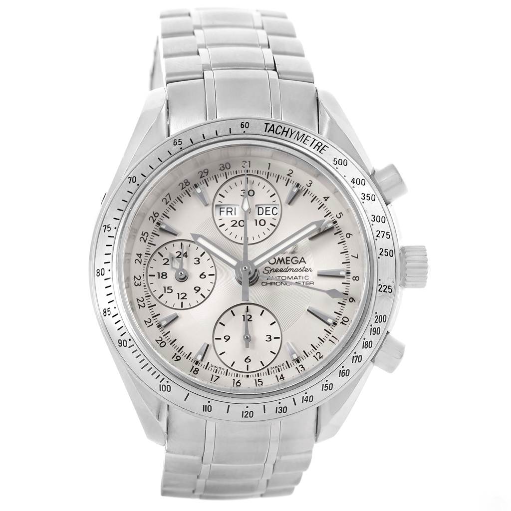 This Omega Speedmaster 3221.30.00 Men
s Stainless Steel Silver Dial 3221.30.00 Men
s Stainless Steel Silver Dial watch is shown from the front, highlighting its face, bezel, and metal bracelet.