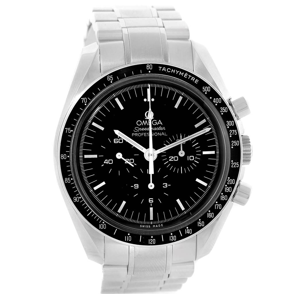 This image shows a frontal view of the Omega Speedmaster 311.30.42.30.01.005 Men
s Stainless Steel Black Dial 311.30.42.30.01.005 Men
s Stainless Steel Black Dial Professional watch, highlighting the dial, bezel, and bracelet.