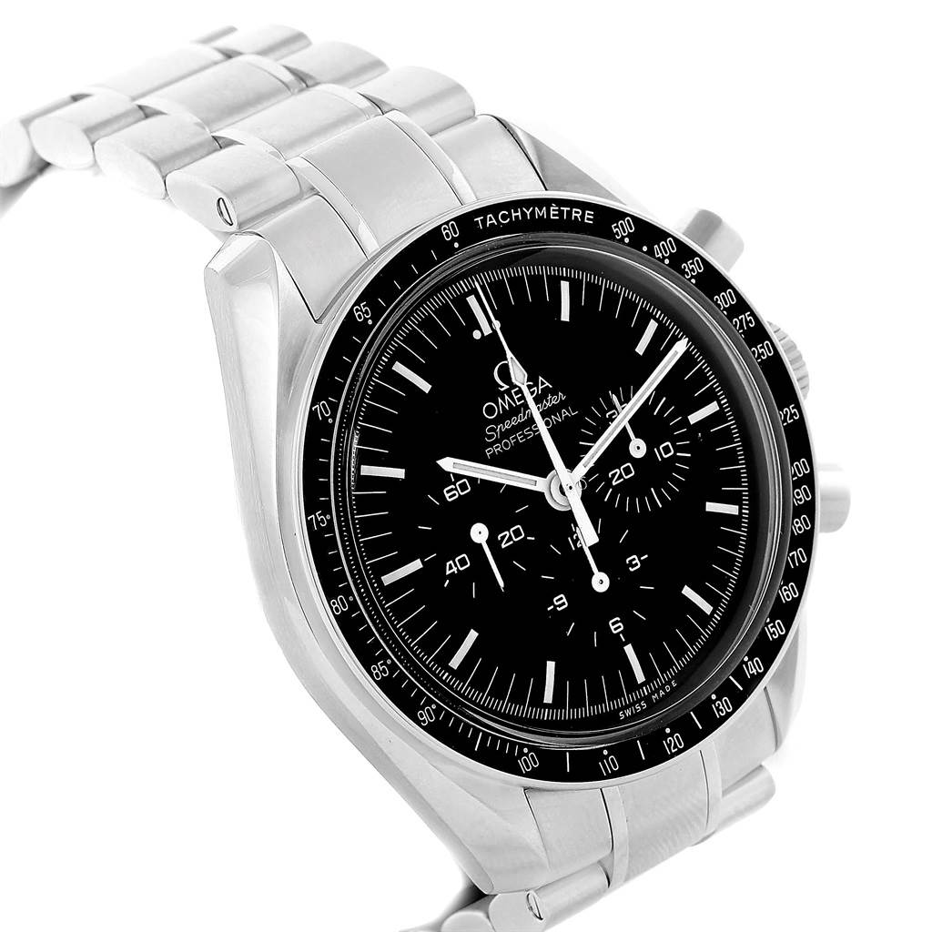 The image shows an angled view of an Omega Speedmaster 311.30.42.30.01.005 Men
s Stainless Steel Black Dial 311.30.42.30.01.005 Men
s Stainless Steel Black Dial watch, highlighting the black dial, tachymeter bezel, and metal bracelet.