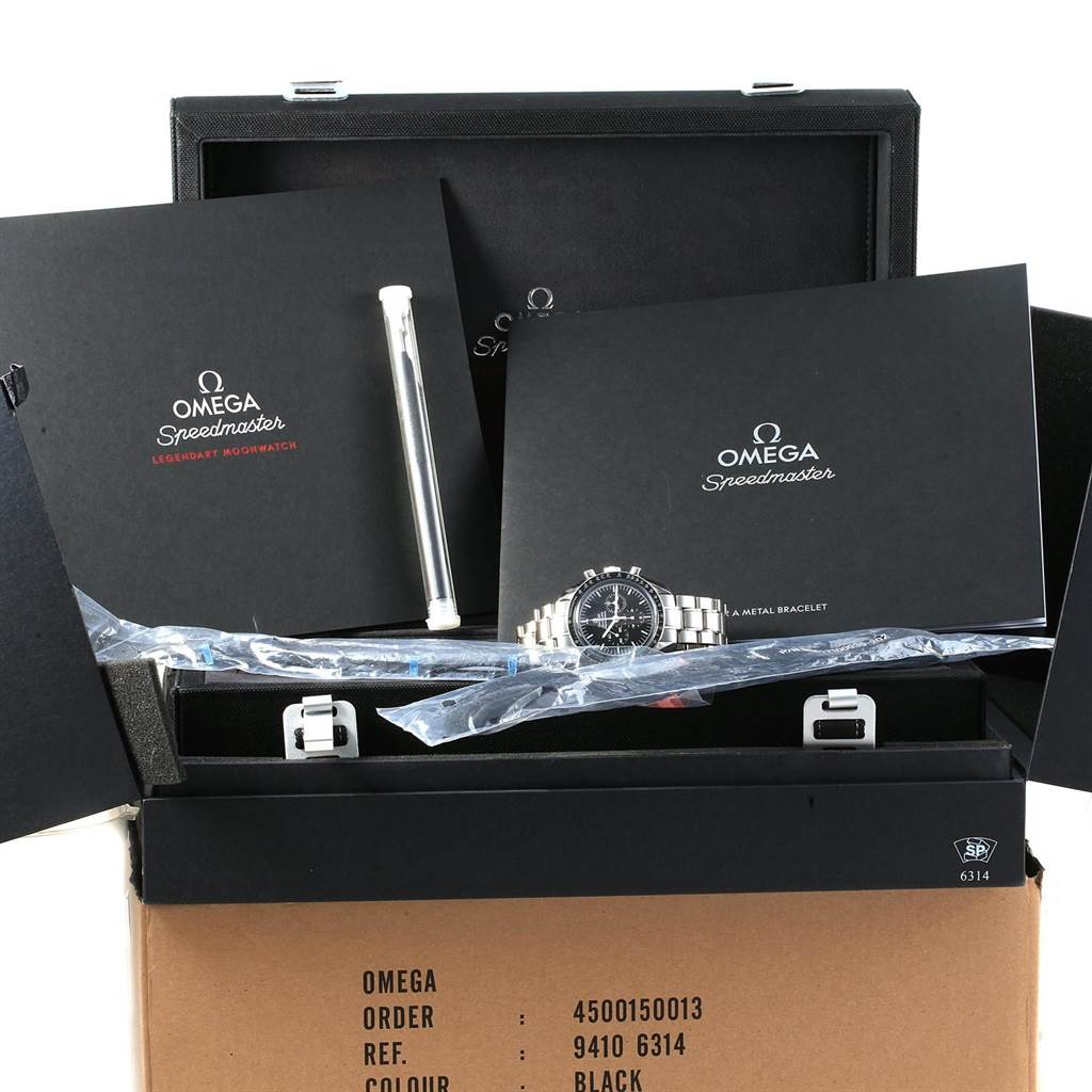 The Omega Speedmaster 311.30.42.30.01.005 Men
s Stainless Steel Black Dial 311.30.42.30.01.005 Men
s Stainless Steel Black Dial watch is shown with its accessories, manuals, and packaging at a front angle.