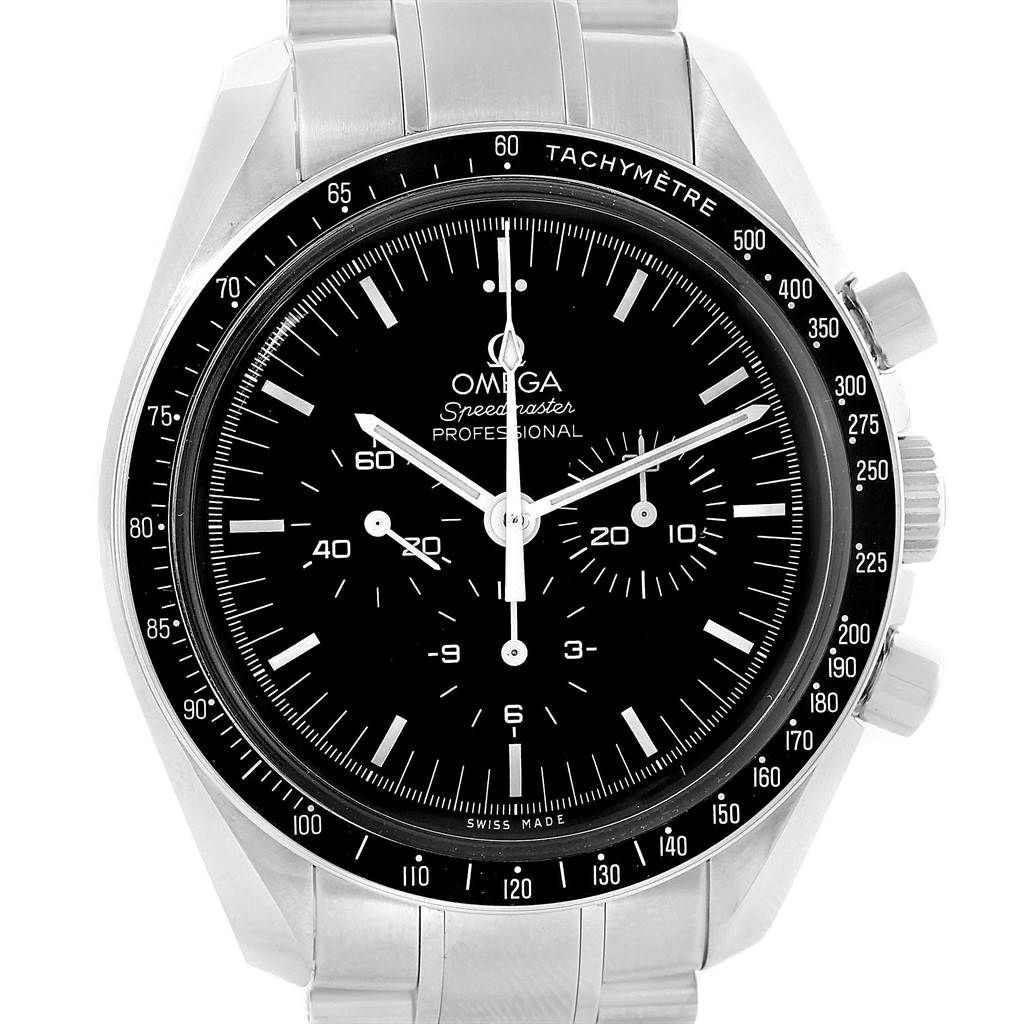 The image shows a front view of the Omega Speedmaster 311.30.42.30.01.005 Men
s Stainless Steel Black Dial 311.30.42.30.01.005 Men
s Stainless Steel Black Dial watch, highlighting the dial, tachymeter bezel, and chronograph pushers.