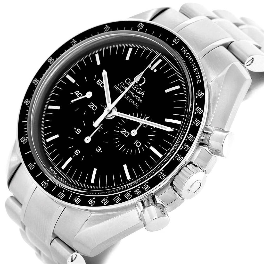 The Omega Speedmaster 311.30.42.30.01.005 Men
s Stainless Steel Black Dial 311.30.42.30.01.005 Men
s Stainless Steel Black Dial watch is shown at a tilted angle, highlighting its dial with chronograph sub-dials, tachymeter bezel, and stainless steel bracelet.