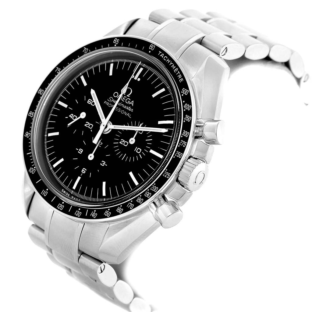 This image shows the Omega Speedmaster 311.30.42.30.01.005 Men
s Stainless Steel Black Dial 311.30.42.30.01.005 Men
s Stainless Steel Black Dial watch from an angled perspective, highlighting its dial, bezel, crown, and bracelet.