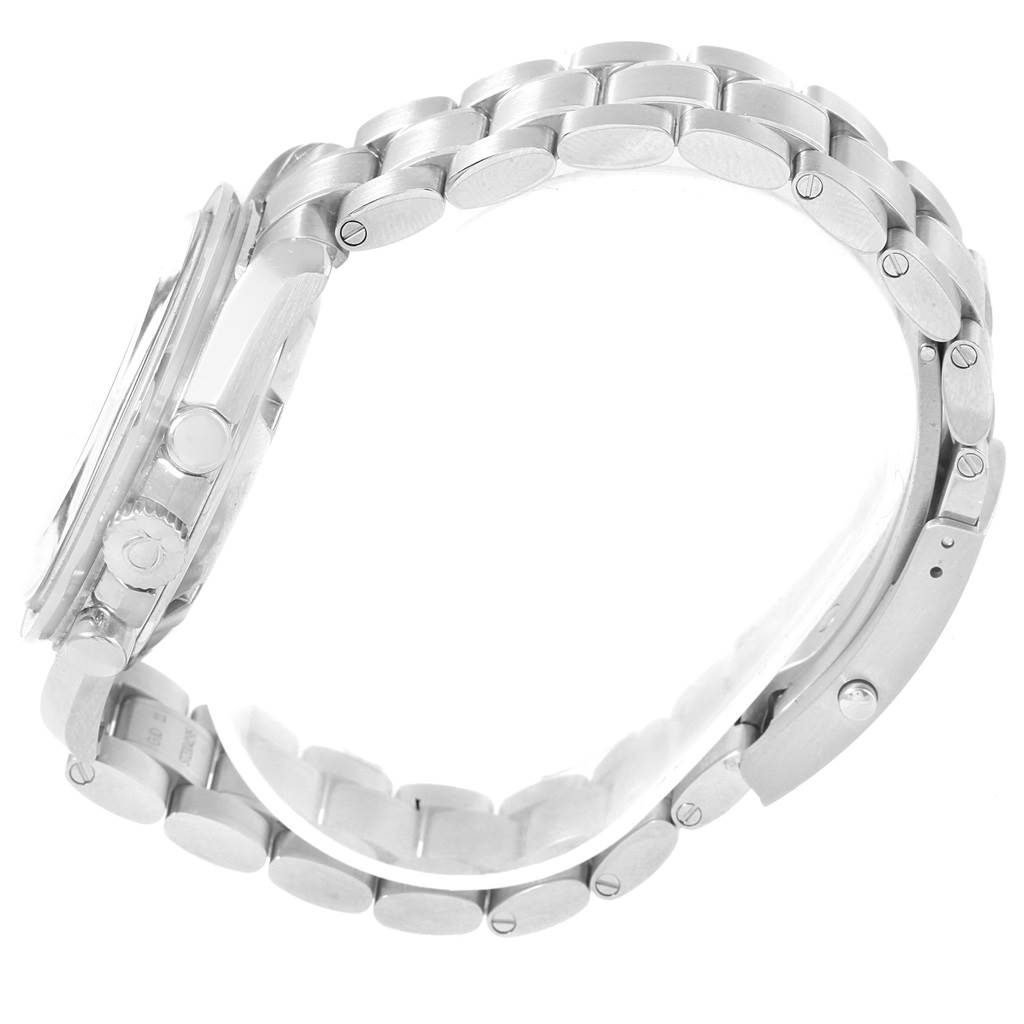 The image shows a side view of an Omega Speedmaster 311.30.42.30.01.005 Men
s Stainless Steel Black Dial 311.30.42.30.01.005 Men
s Stainless Steel Black Dial watch, highlighting its case, bracelet, and clasp.