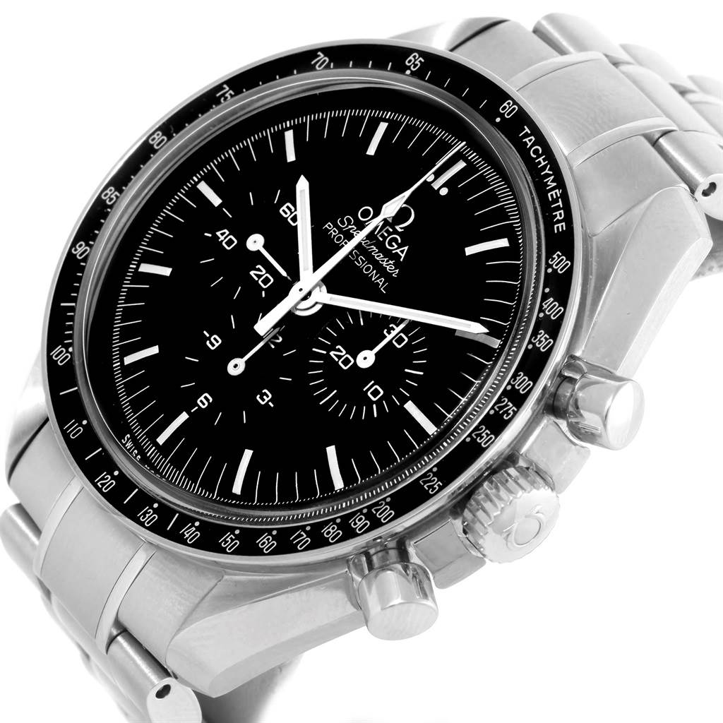 The image shows the face and side of the Omega Speedmaster 311.30.42.30.01.005 Men
s Stainless Steel Black Dial 311.30.42.30.01.005 Men
s Stainless Steel Black Dial watch, showcasing the dial, bezel, pushers, and crown at an angle.