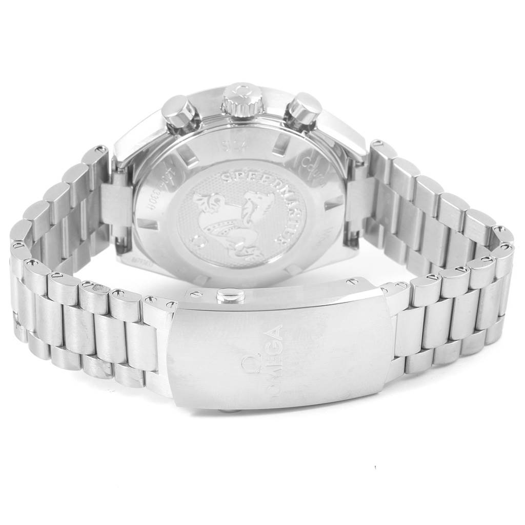 This image shows the back case and clasp bracelet of an Omega Speedmaster 327.10.43.50.06.001 Men
s Stainless Steel Grey Dial 327.10.43.50.06.001 Men
s Stainless Steel Grey Dial watch.