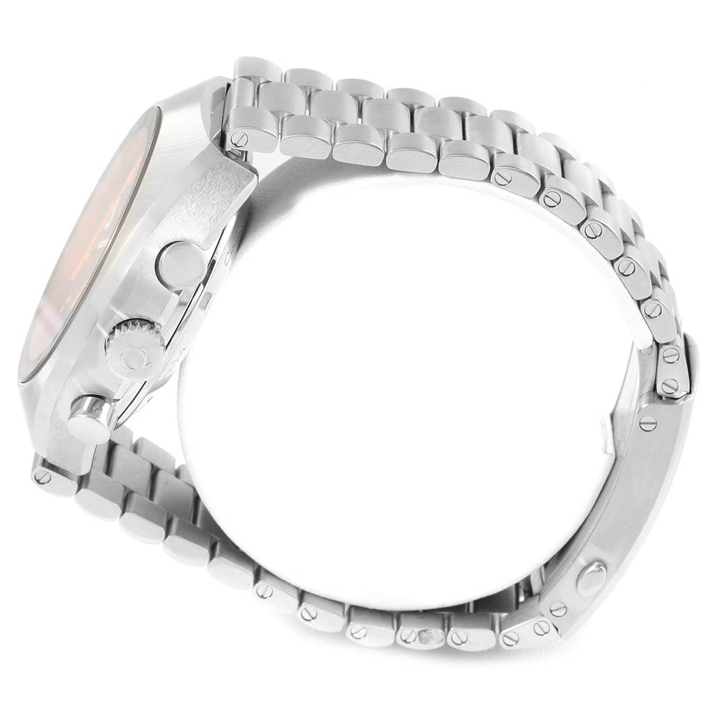 The image shows a side view of the Omega Speedmaster 327.10.43.50.06.001 Men
s Stainless Steel Grey Dial 327.10.43.50.06.001 Men
s Stainless Steel Grey Dial watch, highlighting its case, crown, pushers, and metal bracelet.