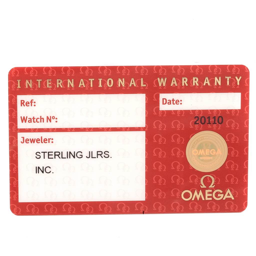 This is the International Warranty card for the Omega Speedmaster 327.10.43.50.06.001 Men
s Stainless Steel Grey Dial 327.10.43.50.06.001 Men
s Stainless Steel Grey Dial watch model, shown from a top-down angle.
