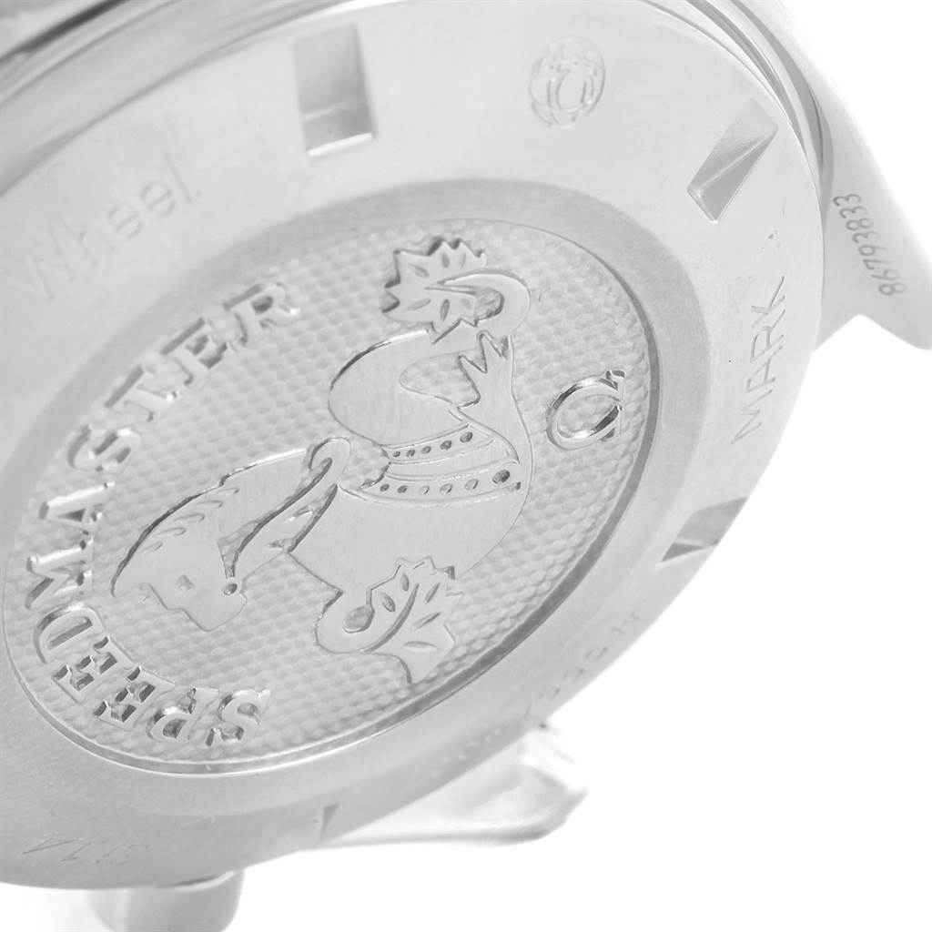 The image shows the engraved back case of the Omega Speedmaster 327.10.43.50.06.001 Men
s Stainless Steel Grey Dial 327.10.43.50.06.001 Men
s Stainless Steel Grey Dial, highlighting the brand logo and text.