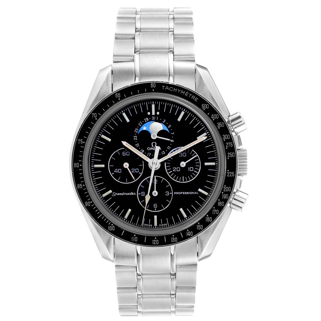 The image shows a frontal view of an Omega Speedmaster 3576.50.00 Men
s Stainless Steel Black Dial 3576.50.00 Men
s Stainless Steel Black Dial watch, highlighting the dial, sub-dials, and tachymeter bezel.