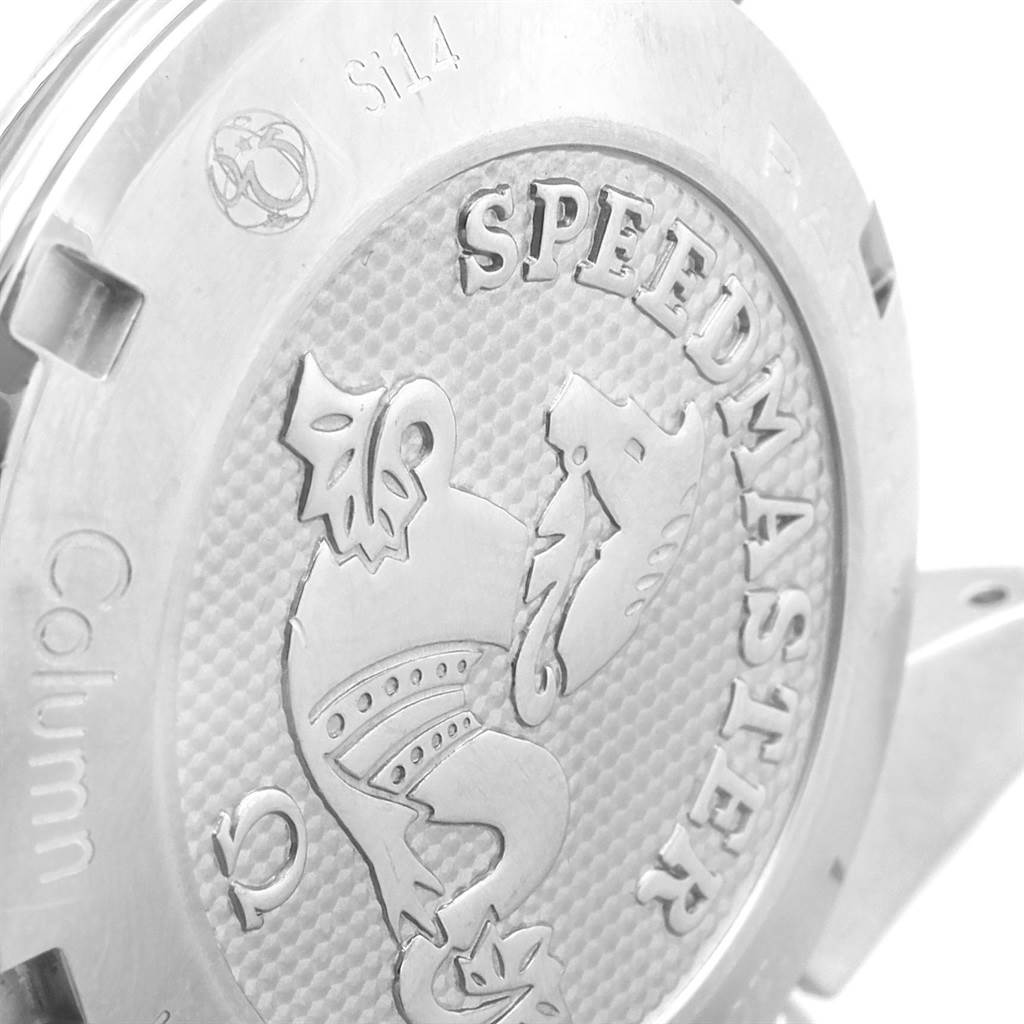 The image shows the case back of an Omega Speedmaster 326.30.40.50.06.001 Men
s Stainless Steel Grey Dial 326.30.40.50.06.001 Men
s Stainless Steel Grey Dial watch with detailed engravings.