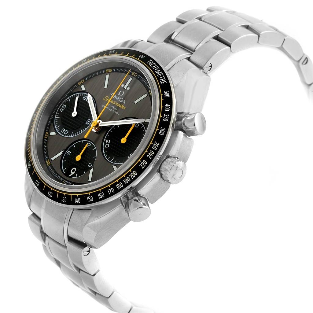 This image shows a side view of the Omega Speedmaster 326.30.40.50.06.001 Men
s Stainless Steel Grey Dial 326.30.40.50.06.001 Men
s Stainless Steel Grey Dial watch featuring its dial, chronograph buttons, and bracelet.