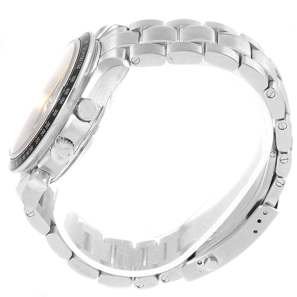 This image shows a side view of an Omega Speedmaster 326.30.40.50.06.001 Men
s Stainless Steel Grey Dial 326.30.40.50.06.001 Men
s Stainless Steel Grey Dial watch, highlighting its bracelet, bezel, and side buttons.
