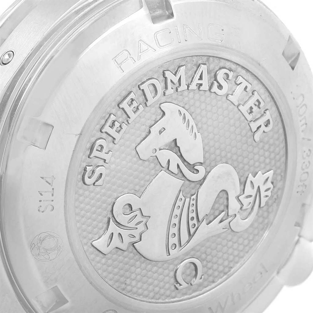 The image shows the case back of an Omega Speedmaster 326.30.40.50.02.001 Men
s Stainless Steel Silver Dial 326.30.40.50.02.001 Men
s Stainless Steel Silver Dial watch, highlighting its engraved logo and text.